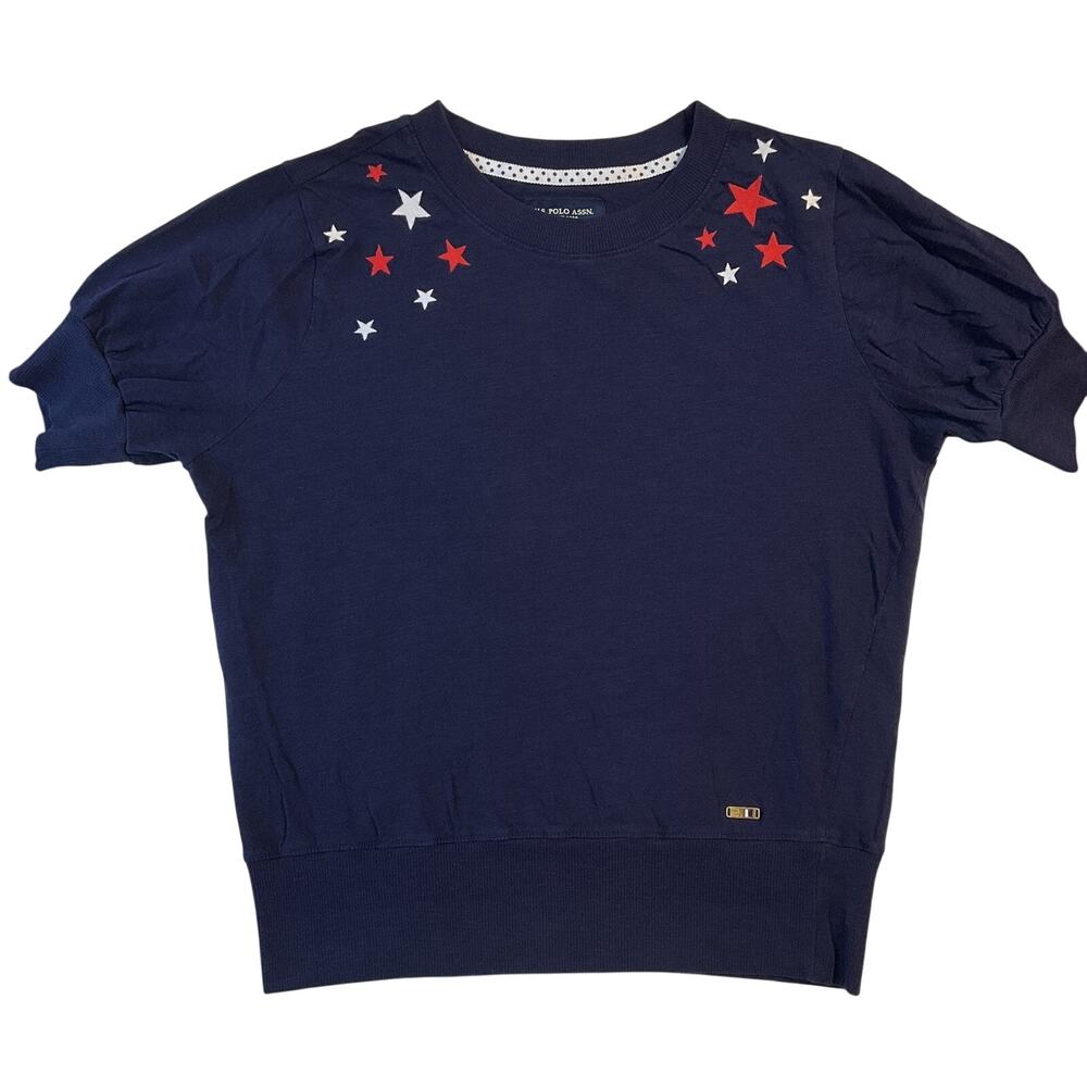 U.S. Polo Assn. Women Shirt M Navy Graphic Logo Crew Neck Pullover Short Sleeve